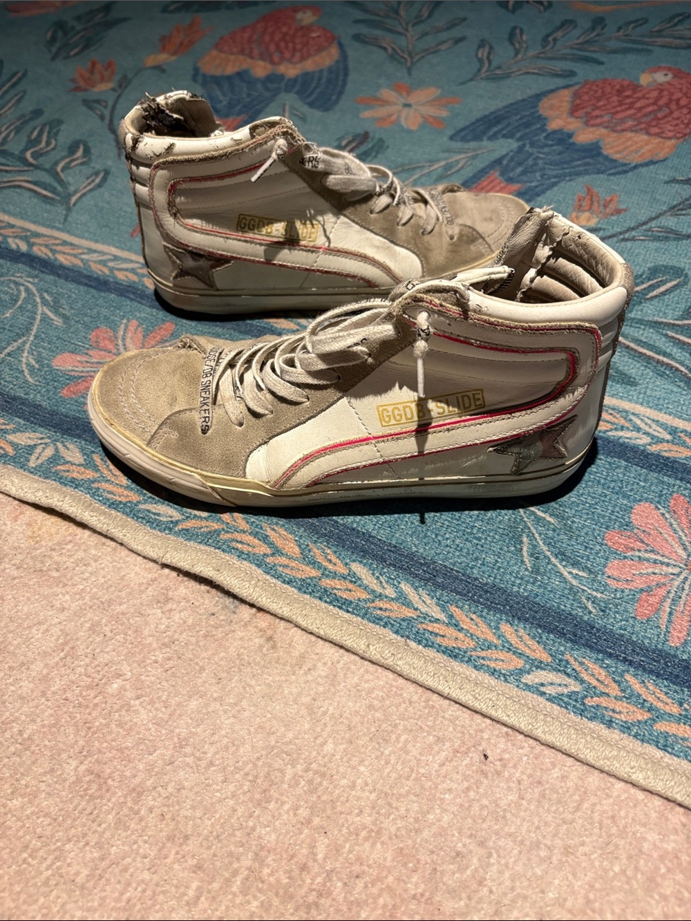 Golden Goose High-Top Sneakers in Beige, White and Red Trim